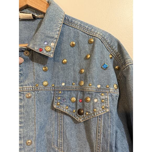 Ideas Jacket Medium Denim Jean Embellished Studded Rhinestone Light Wash - Picture 2 of 10